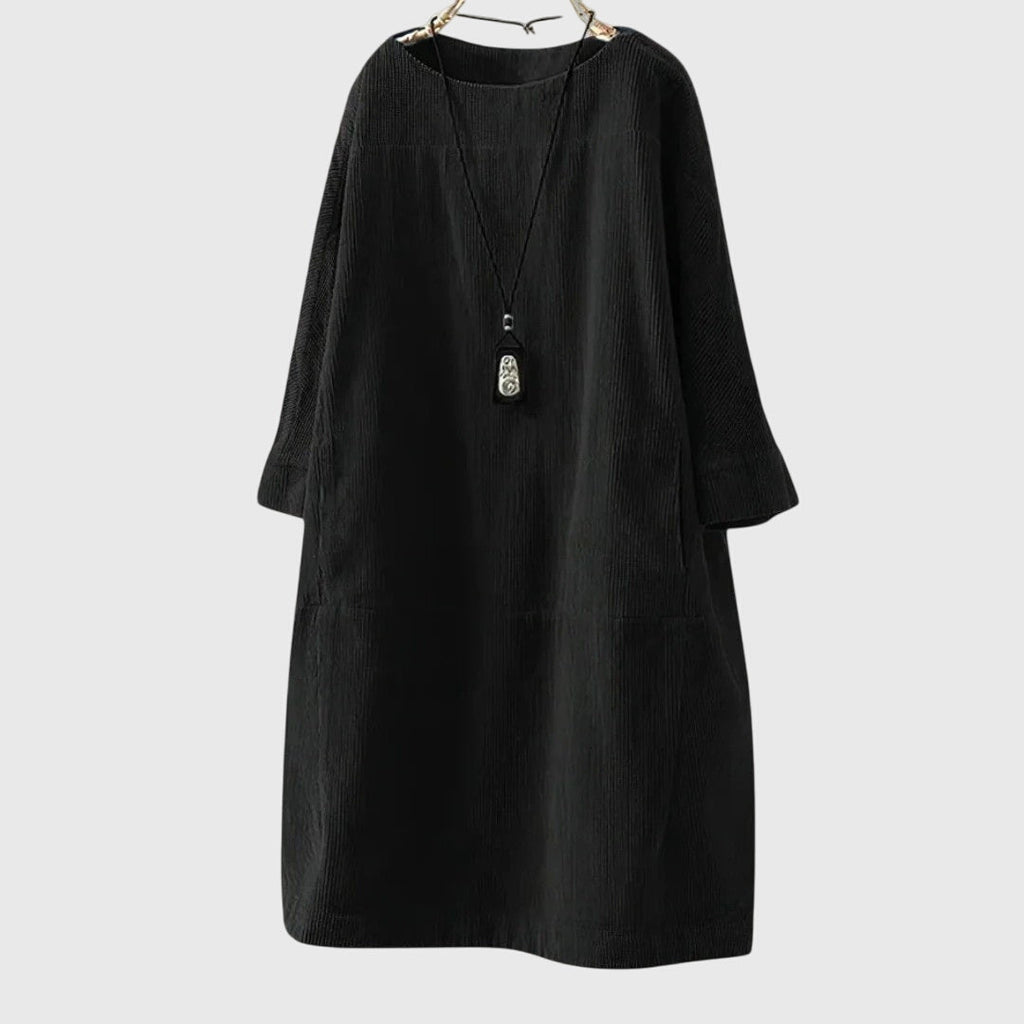 Grace Relaxed Corduroy Midi Dress showcasing fine textured corduroy fabric