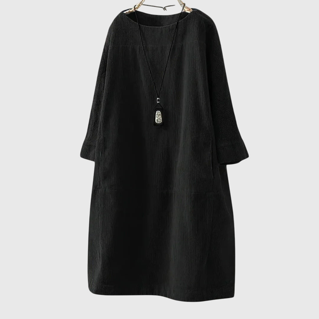 Grace Relaxed Corduroy Midi Dress showcasing fine textured corduroy fabric