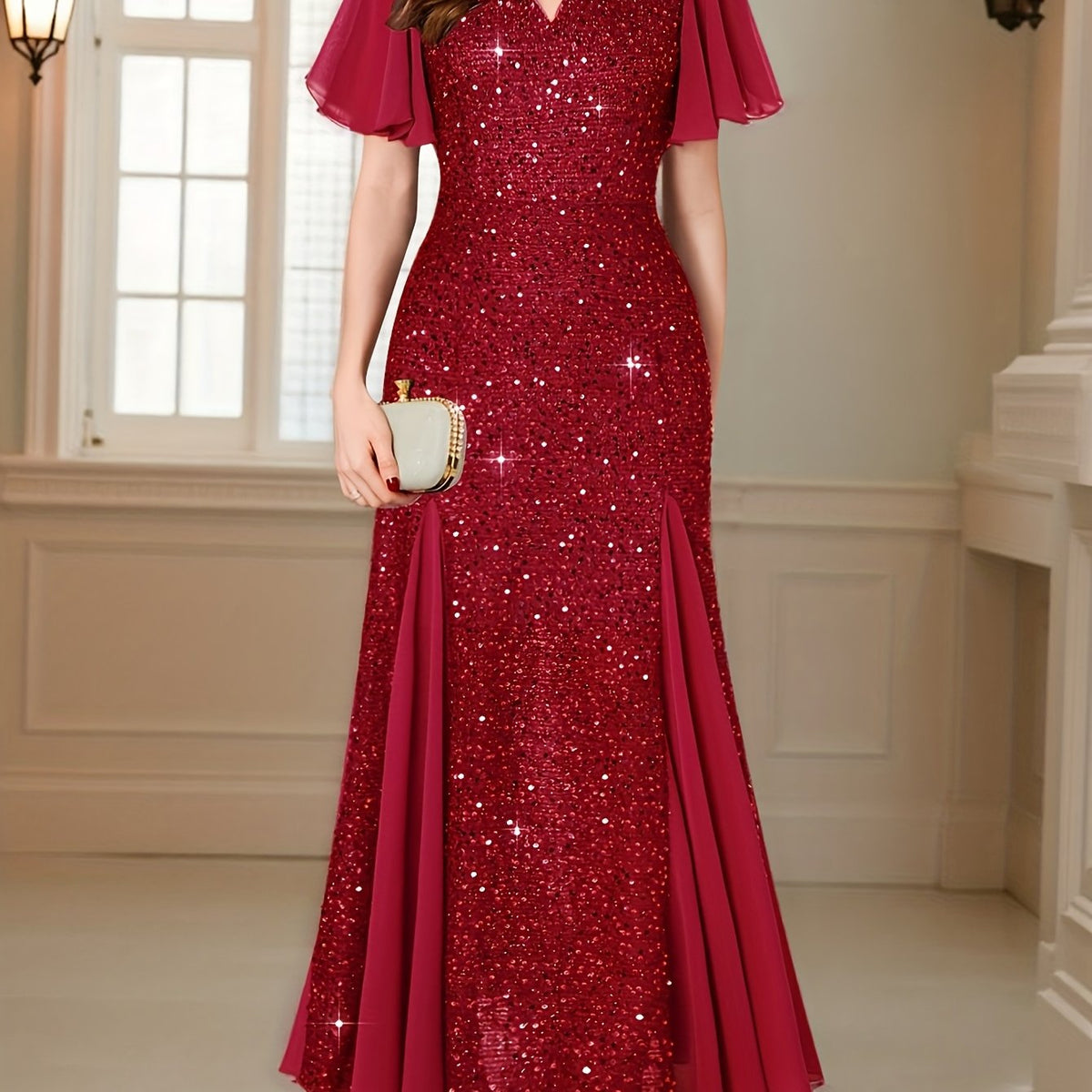 Eleanor Flutter-Sleeve Shimmer Holiday Dress