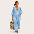 Lina long light blue caftan with ethnic pattern print