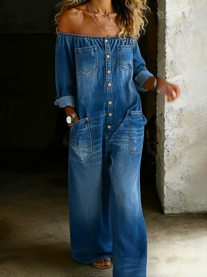 Sidonie - Off-Shoulder Wide-Leg Denim Jumpsuit