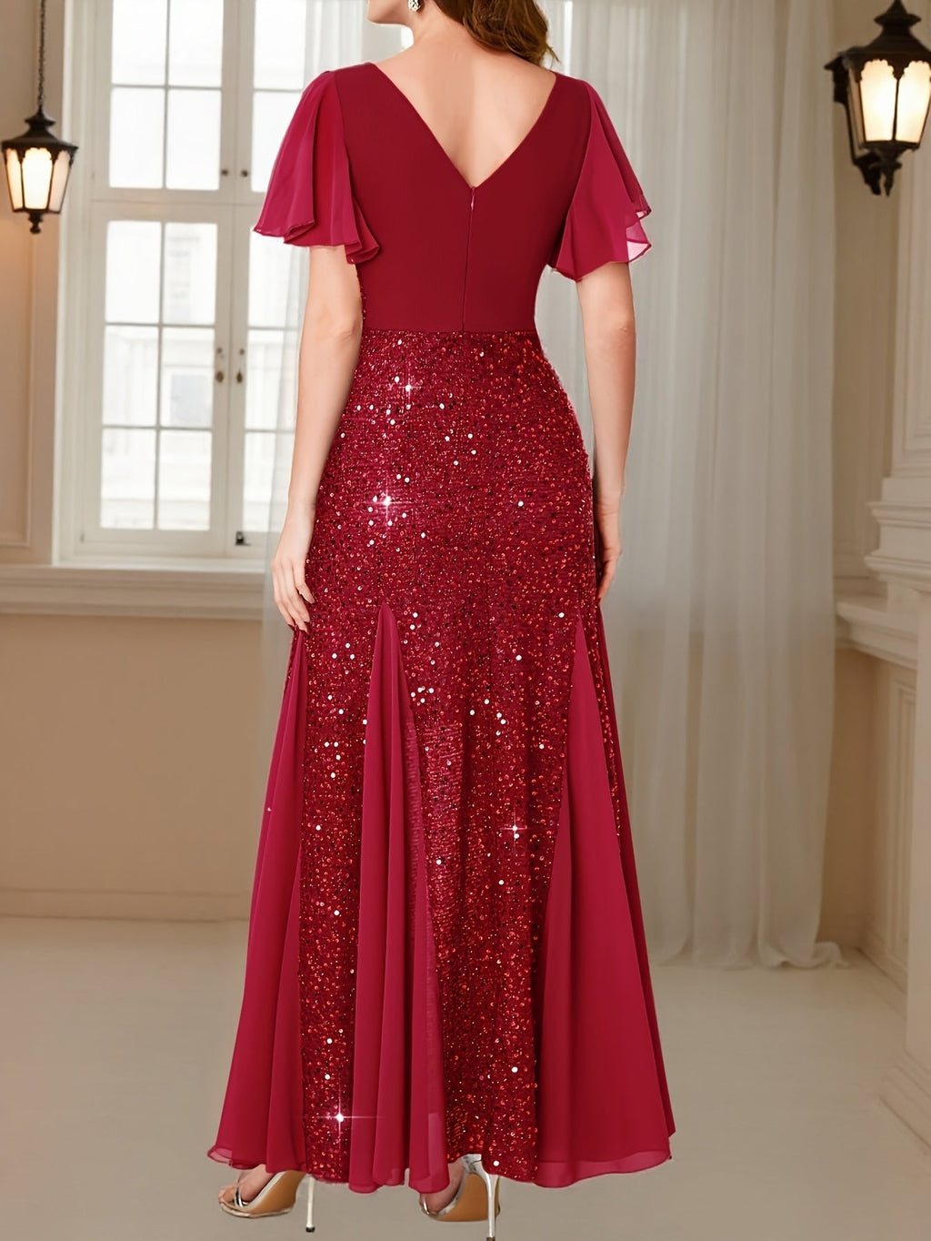 Eleanor Flutter-Sleeve Shimmer Holiday Dress