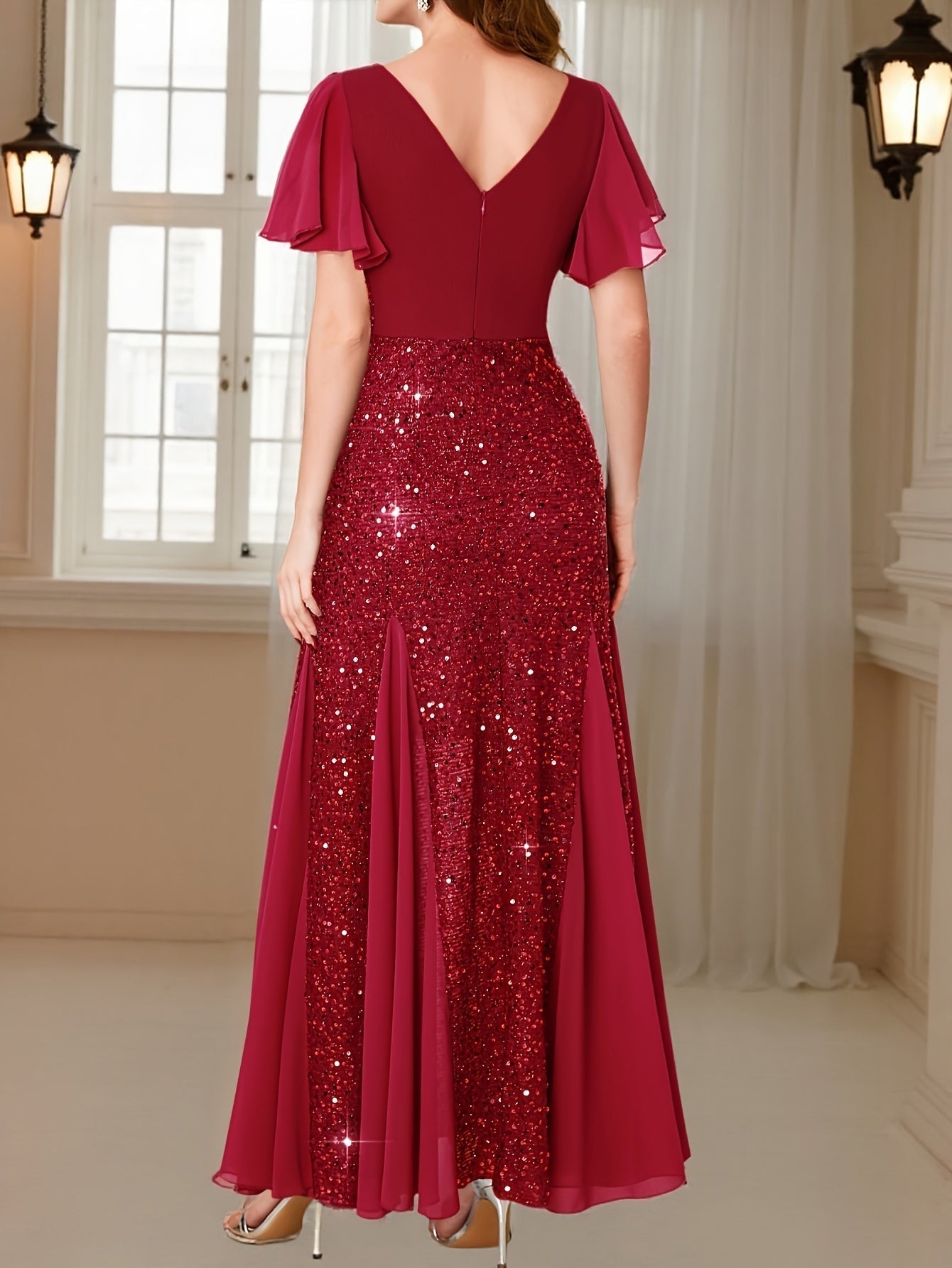 Eleanor Flutter-Sleeve Shimmer Holiday Dress
