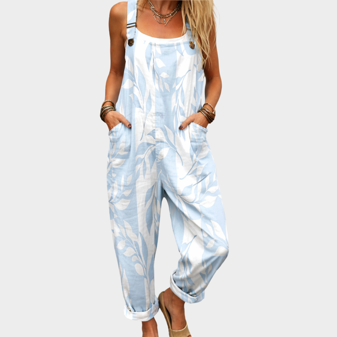 Anais sky blue white leaf pattern wide leg overalls