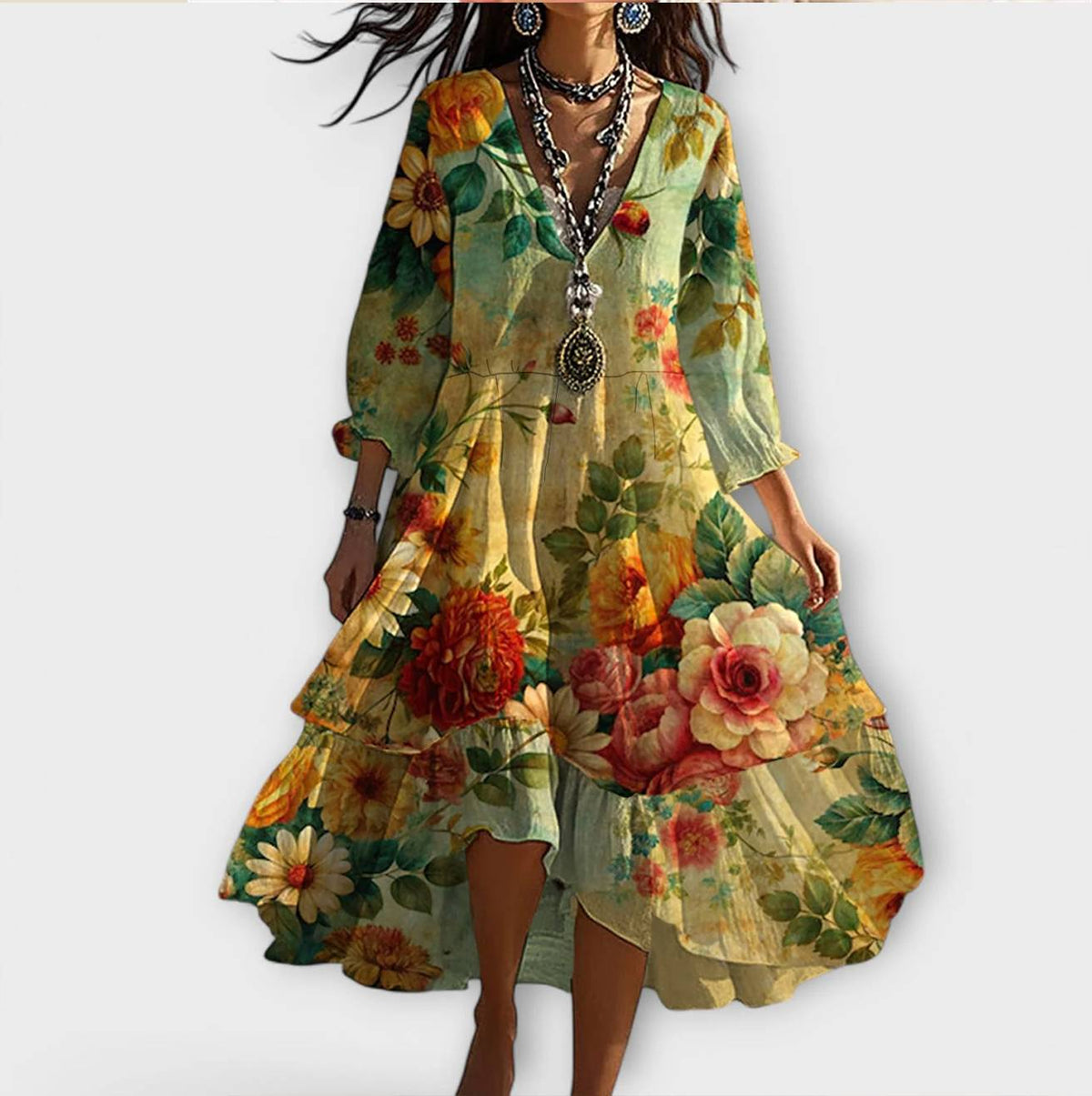 Janessa Vintage V-Neck Floral Dress in delicate floral print with flattering V-neck