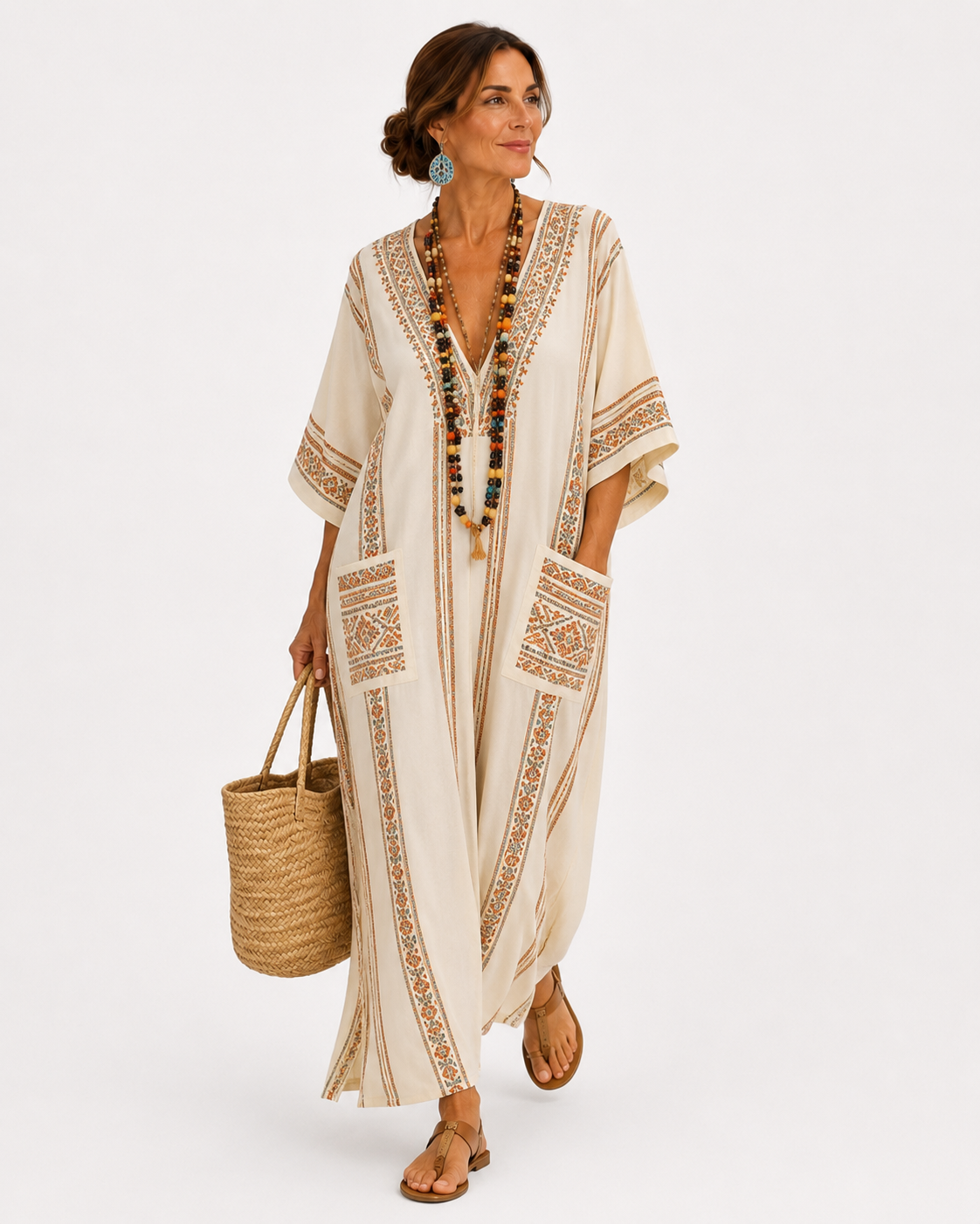 Dalia neutral beige long caftan with ethnic detail