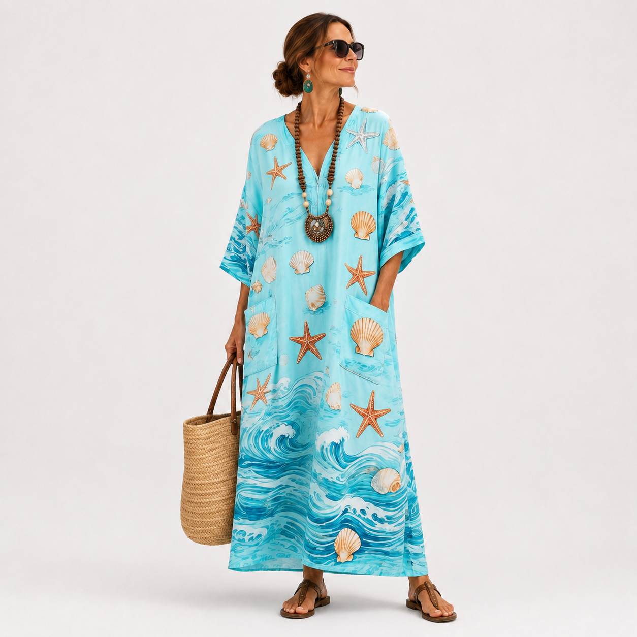 Lucia long turquoise and navy blue caftan dress