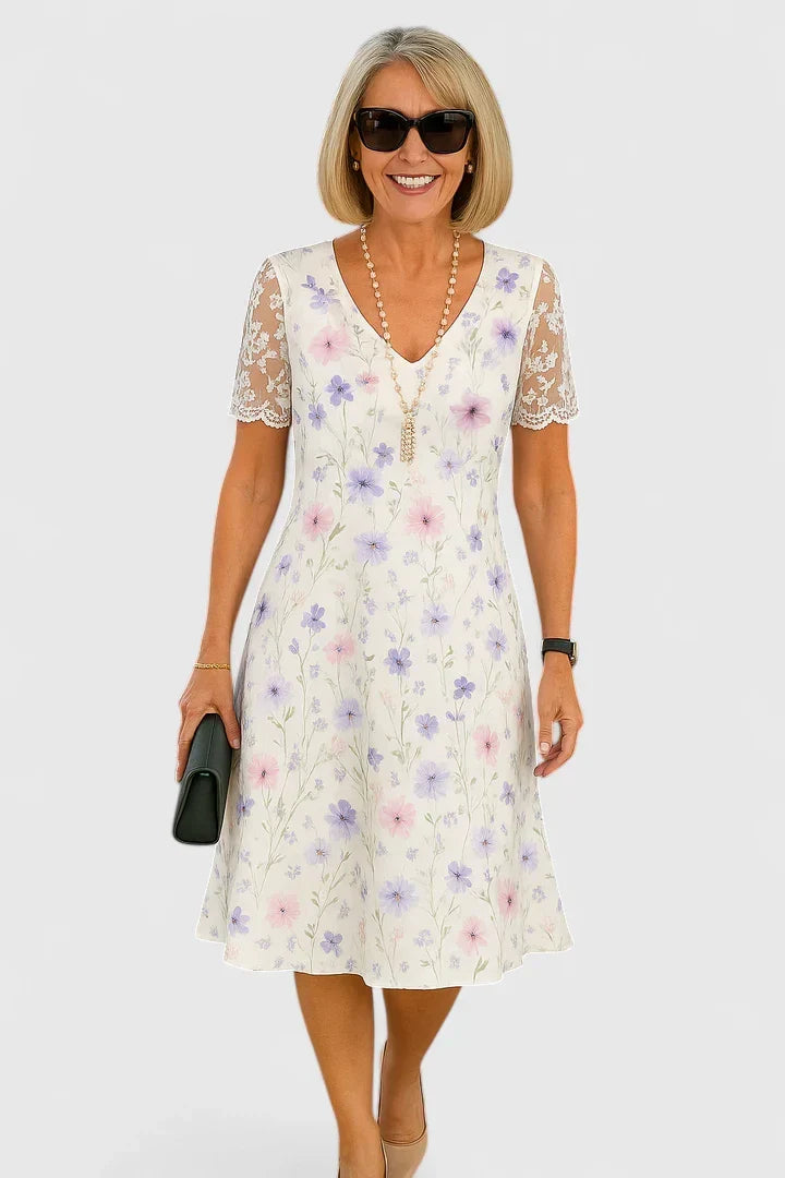 Brislyn Lace-Sleeve Midi Dress with sheer delicate lace sleeve details