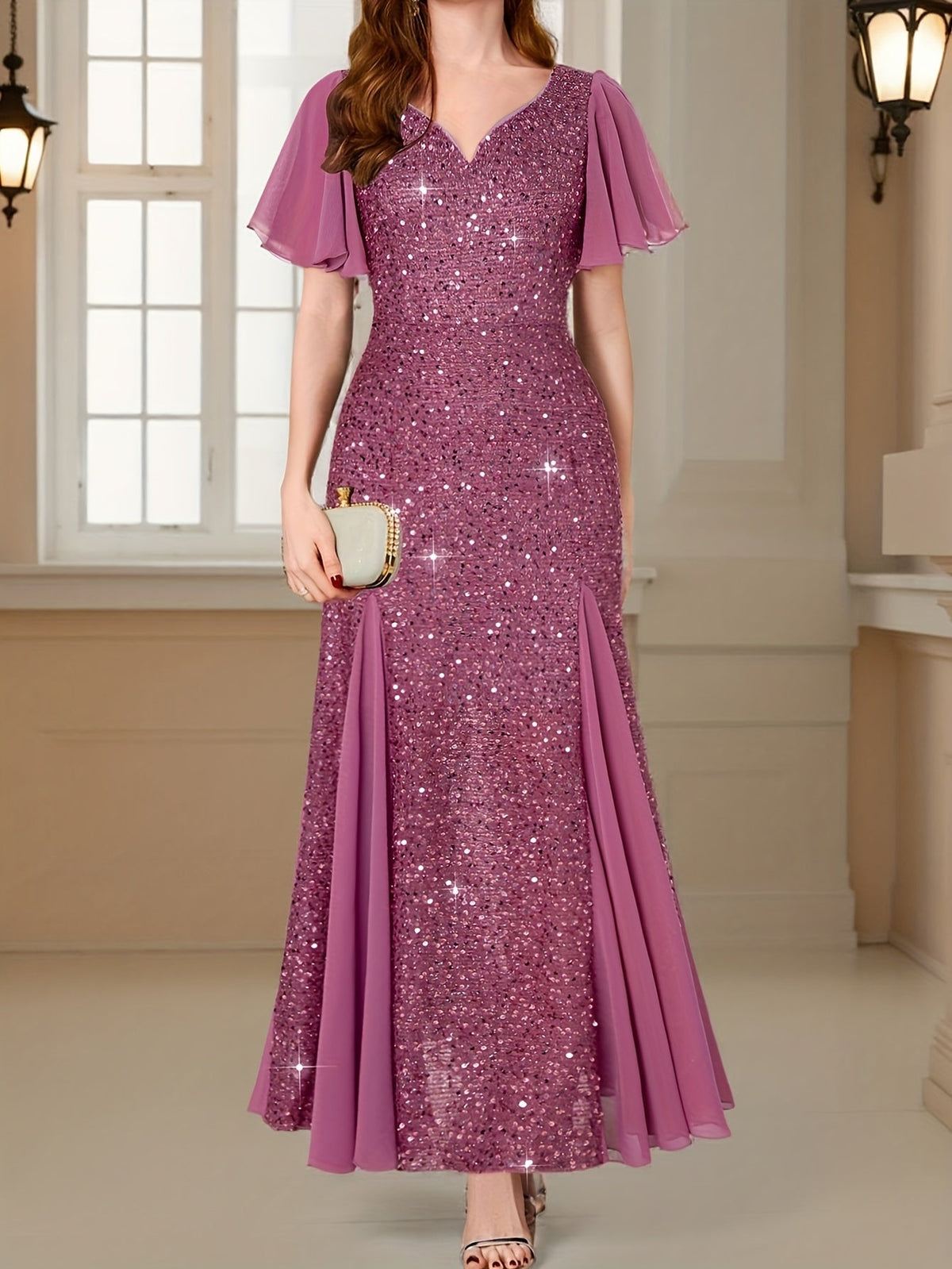 Eleanor Flutter-Sleeve Shimmer Holiday Dress