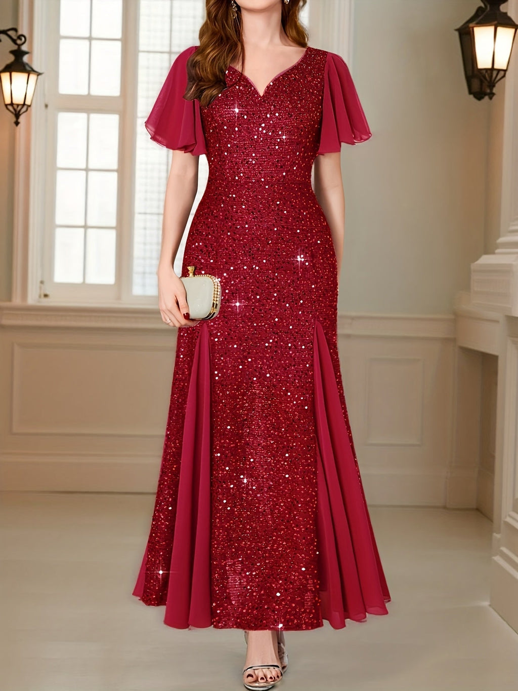 Eleanor Flutter-Sleeve Shimmer Holiday Dress