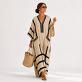 Salma long beige caftan dress with black vertical stripes
