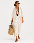Aisha long white caftan with subtle vertical pinstripes