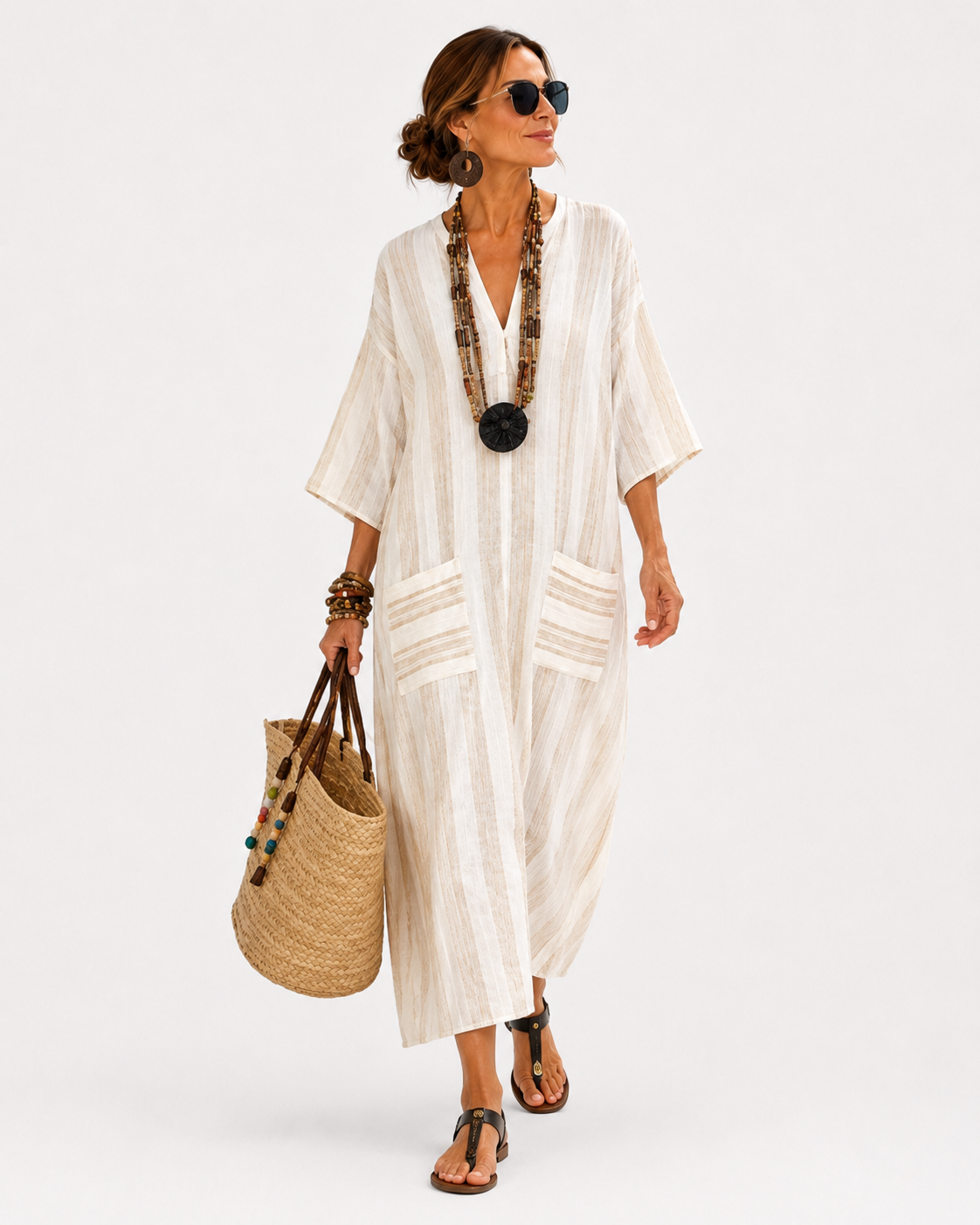 Aisha long white caftan with subtle vertical pinstripes