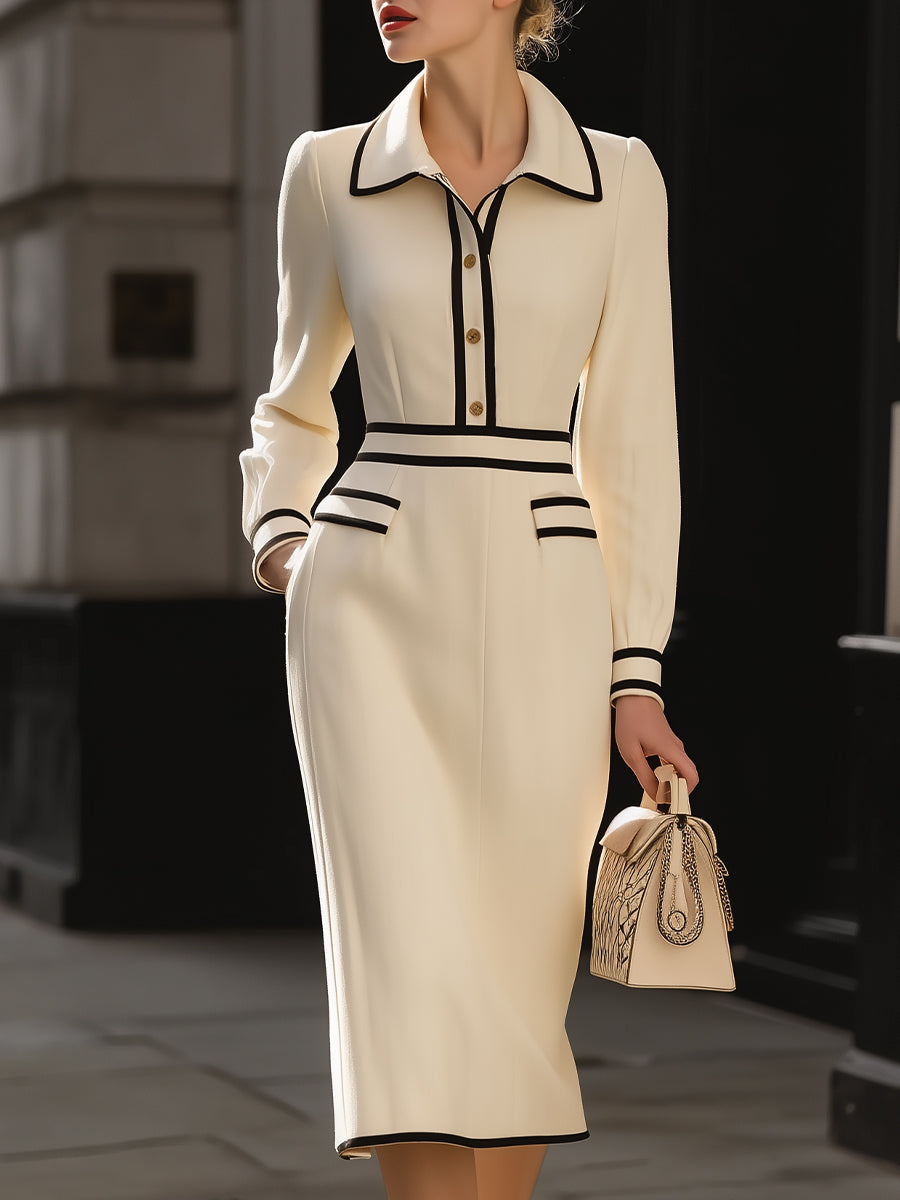 Magidan Contrast-Trim Button Midi Dress