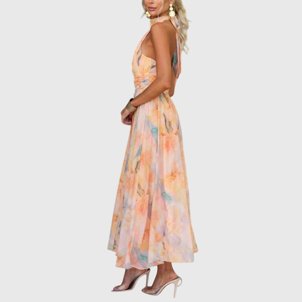 Nicole Watercolor Open-Back Maxi Dress