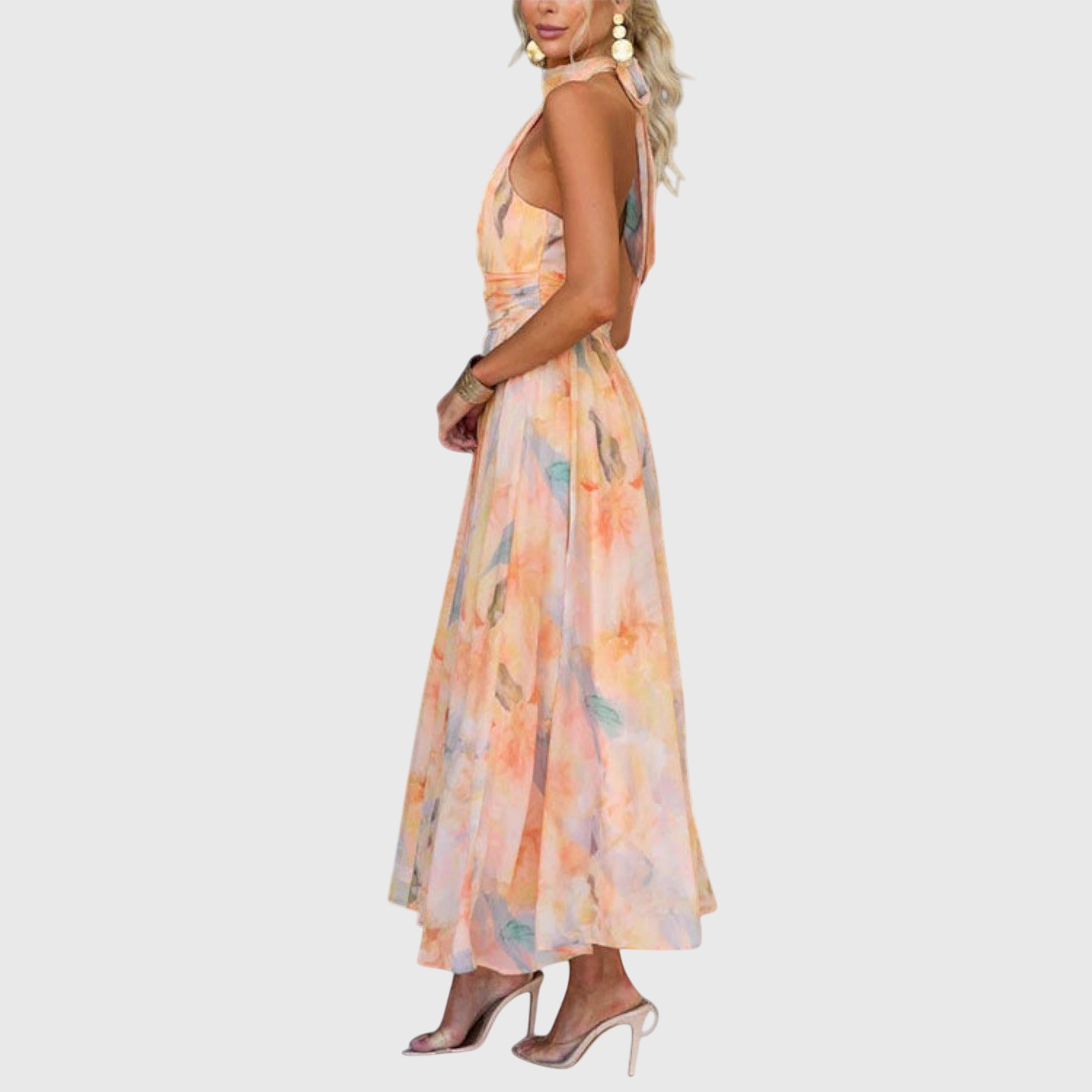 Nicole Watercolor Open-Back Maxi Dress