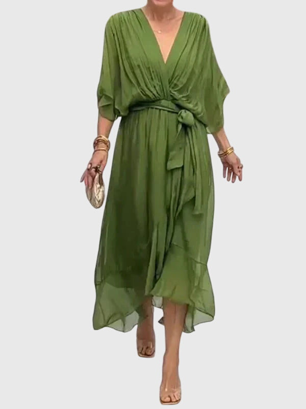 Front view of the Bethany lightweight dress showcasing the flattering V-neck design