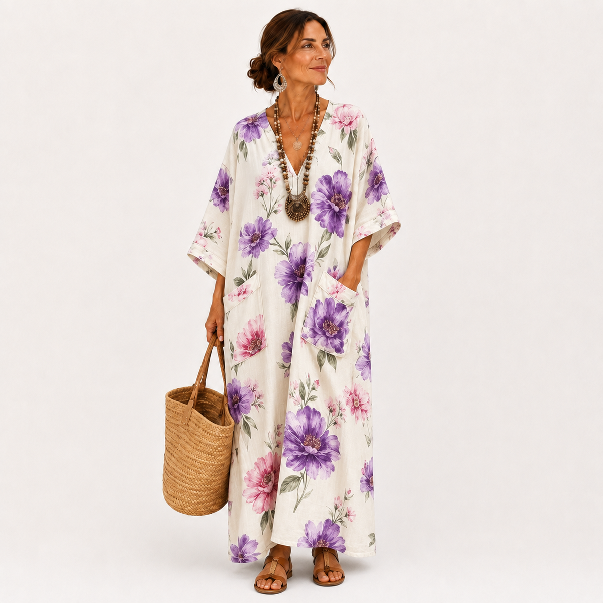 Ines loose white caftan dress with delicate floral print