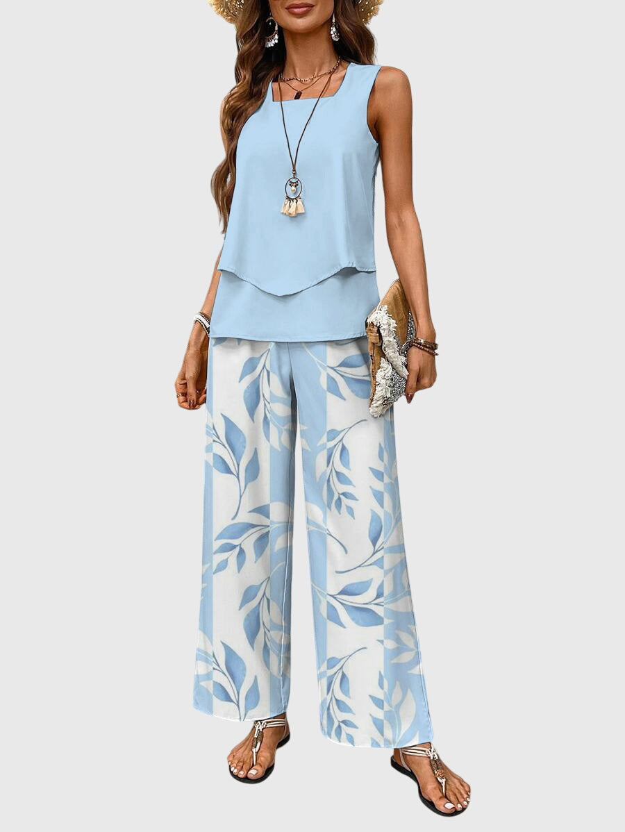Brenda blue botanical print square neck two-piece set