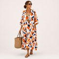 Layla long vibrant orange caftan with geometric print