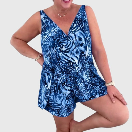 Camille Rose elegant V-neck swimdress with integrated one-piece suit