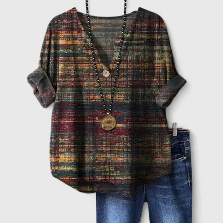 Élodie printed three-quarter sleeve V-neck blouse with front button accents