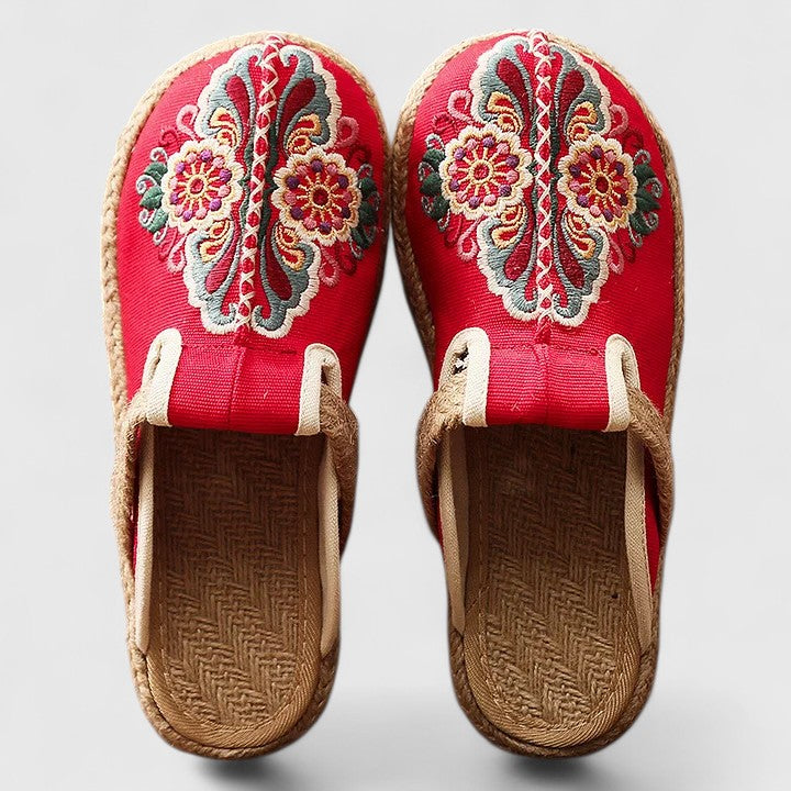 Marousse hand embroidered floral jute sole backless mules