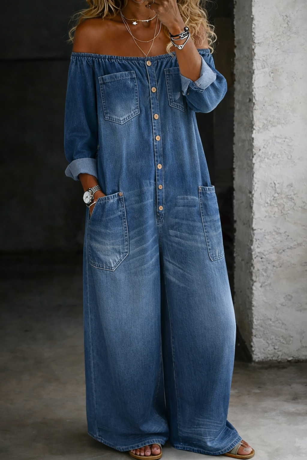 Sidonie - Off-Shoulder Wide-Leg Denim Jumpsuit