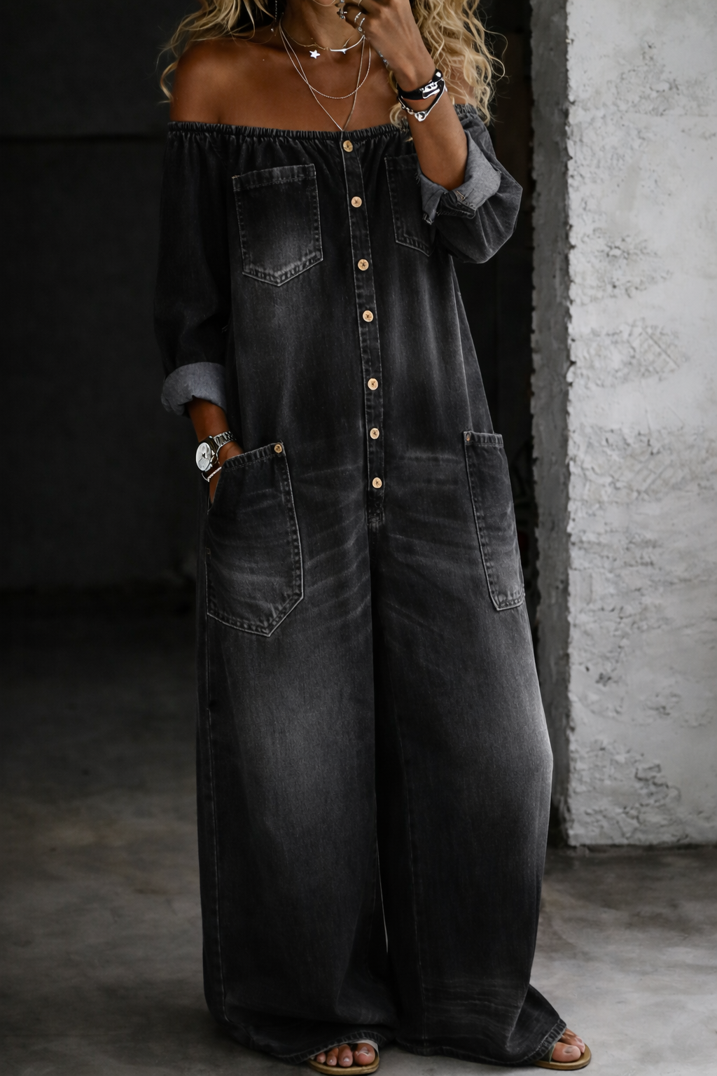 Sidonie - Off-Shoulder Wide-Leg Denim Jumpsuit