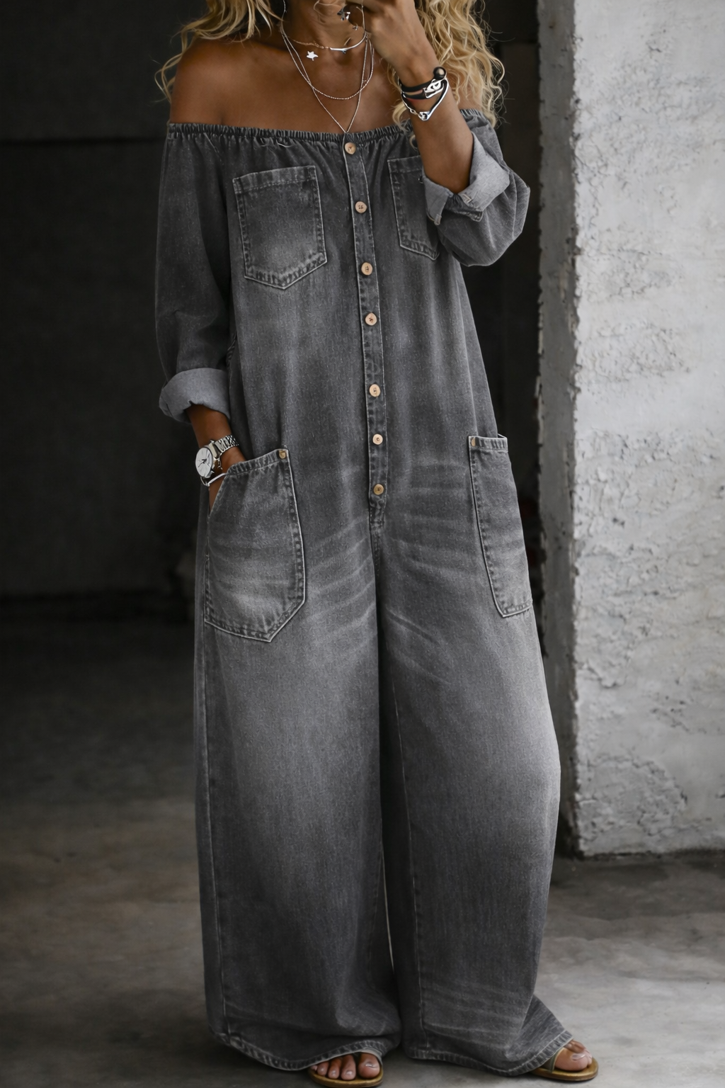 Sidonie - Off-Shoulder Wide-Leg Denim Jumpsuit