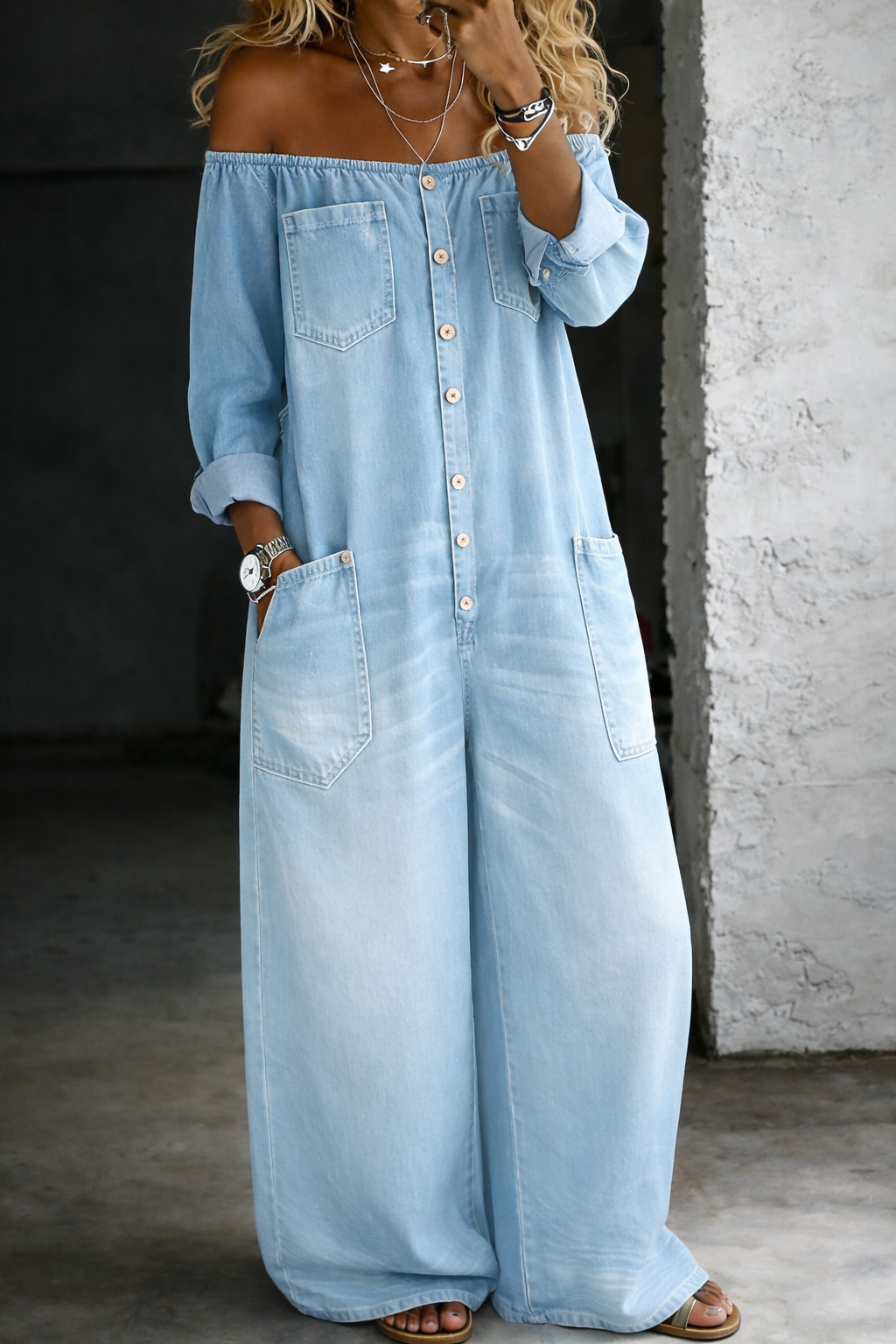 Sidonie - Off-Shoulder Wide-Leg Denim Jumpsuit