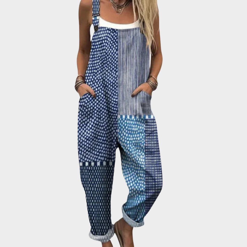 Isaline deep blue graphic patchwork pattern loose overalls