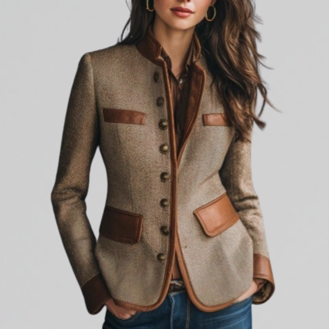 Bella heritage tweed jacket with leather trim details