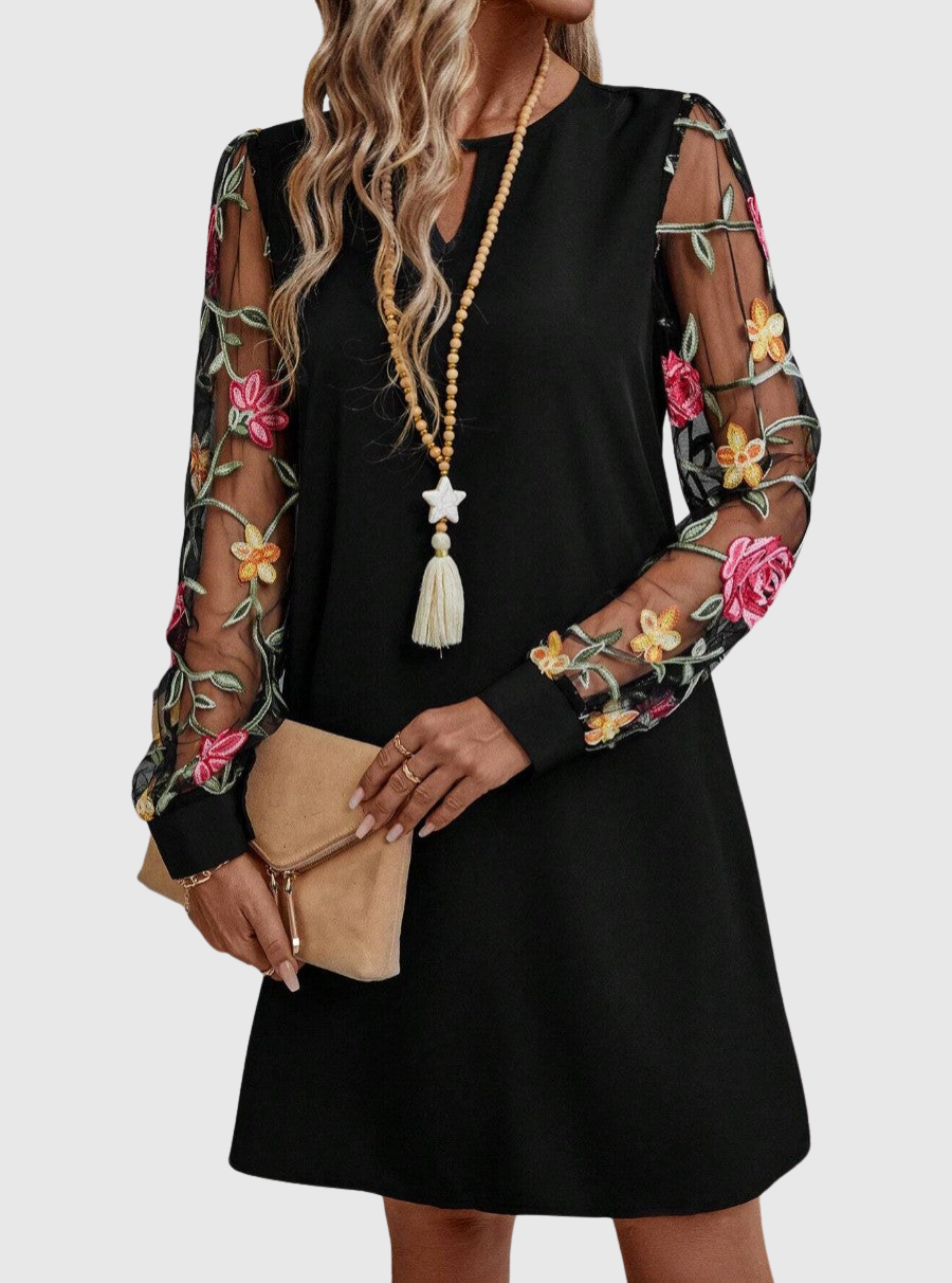 Jolene - Sheer-Sleeve Floral Dress