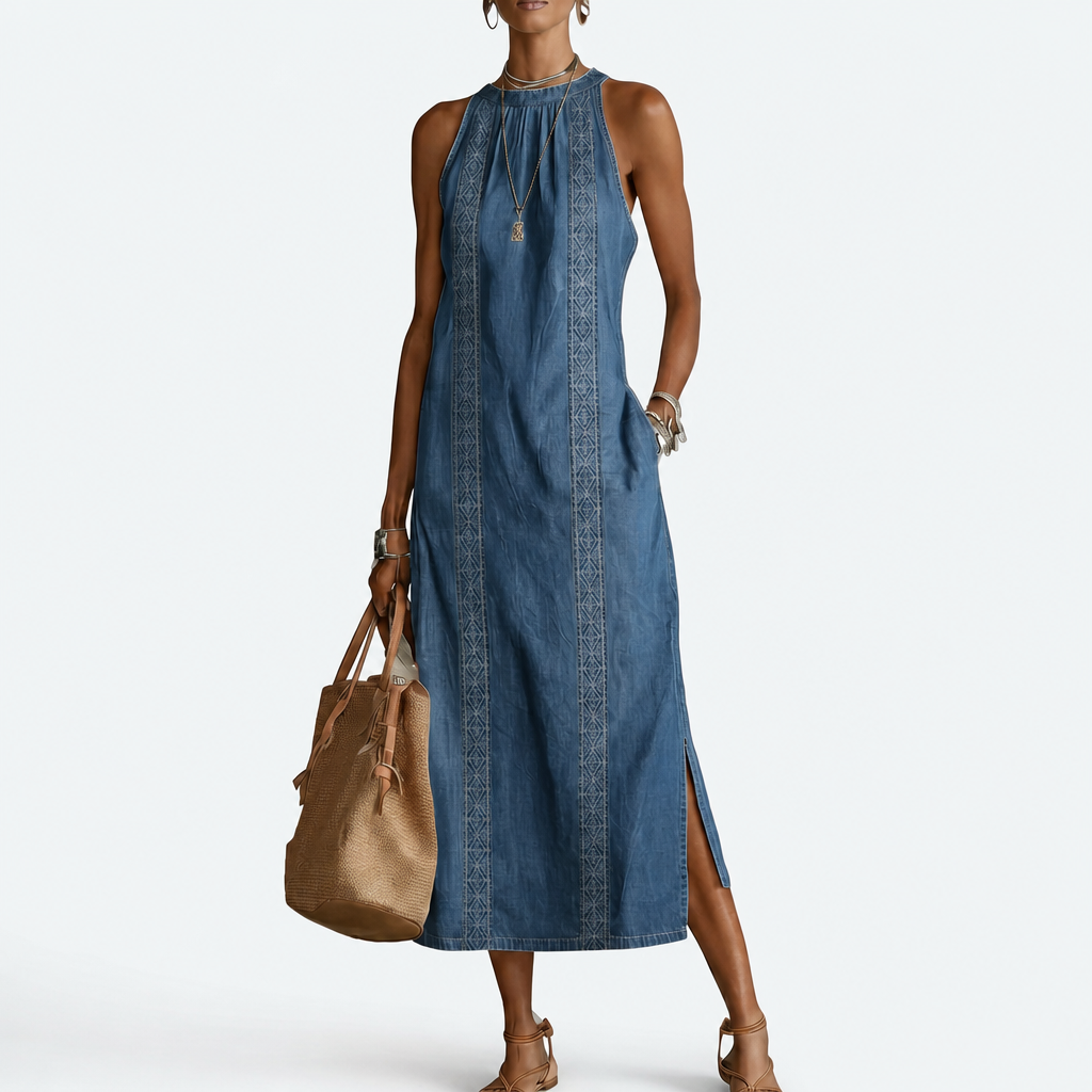 Soline sleeveless denim dress with vintage lace trim
