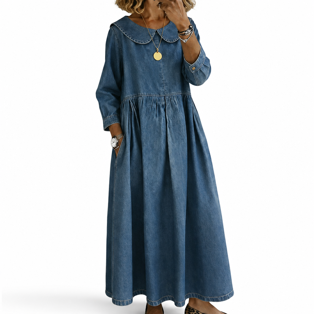 Elise long-sleeve crewneck denim maxi dress