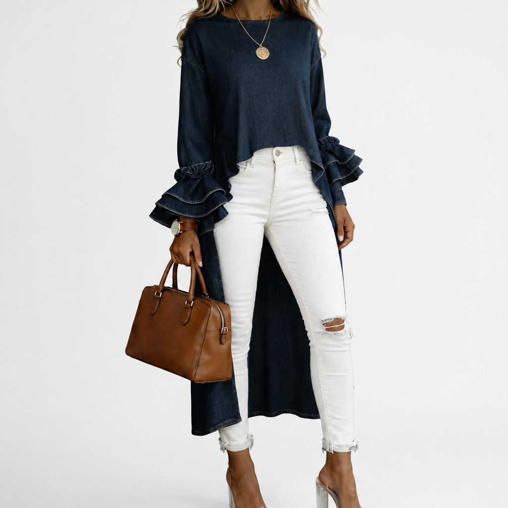 Iris casual long-sleeve denim shirt with ruffled sleeves