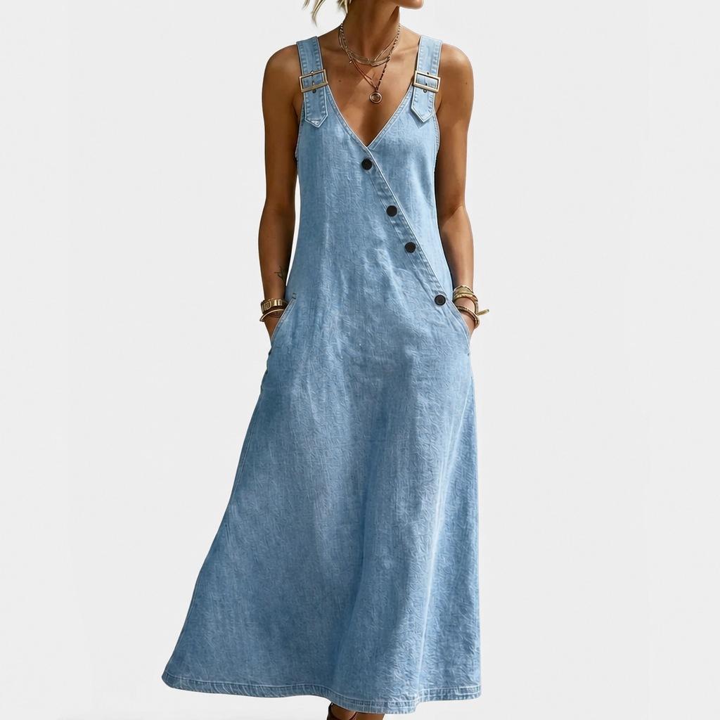 Lalie long button-front denim maxi dress