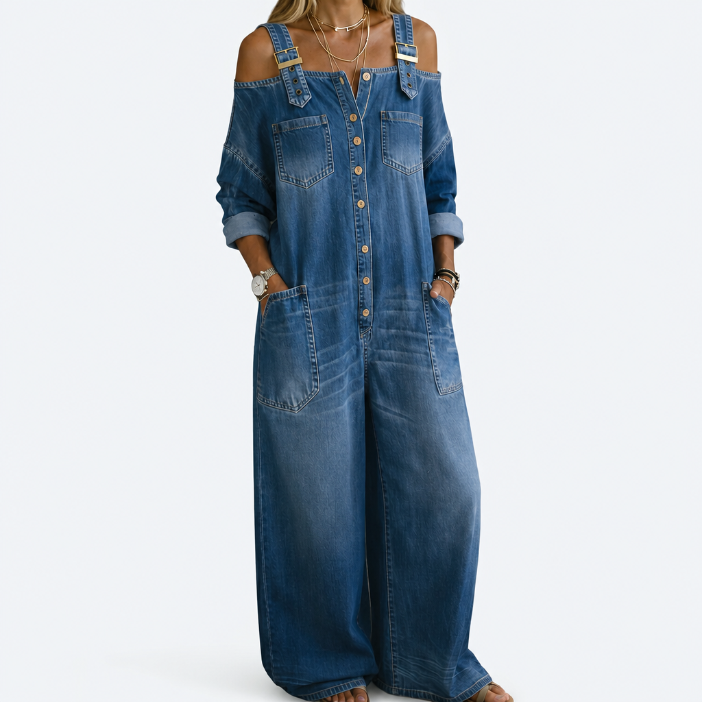 Pernelle off-shoulder wide-leg denim jumpsuit