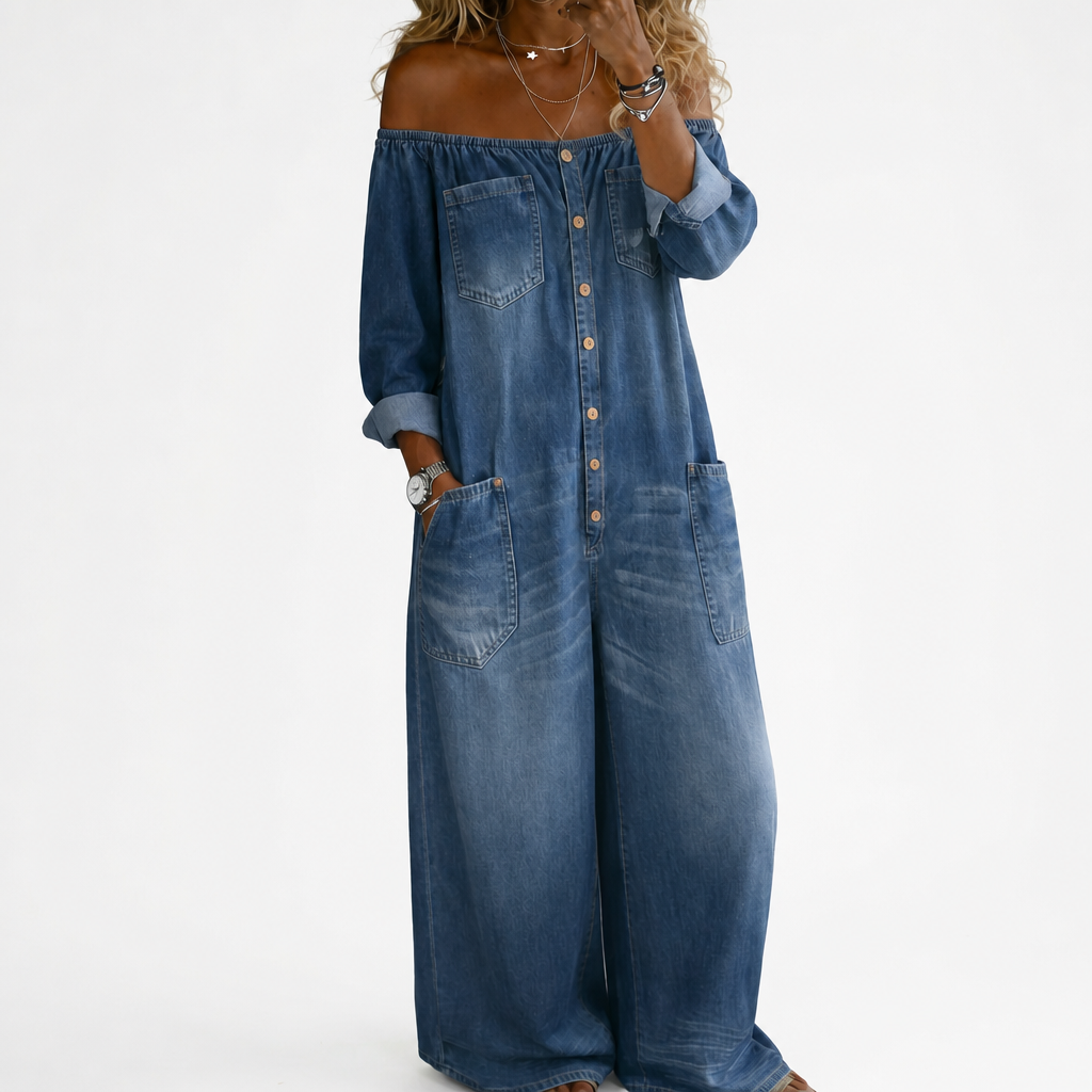 Sidonie off-shoulder long-sleeve wide-leg denim jumpsuit