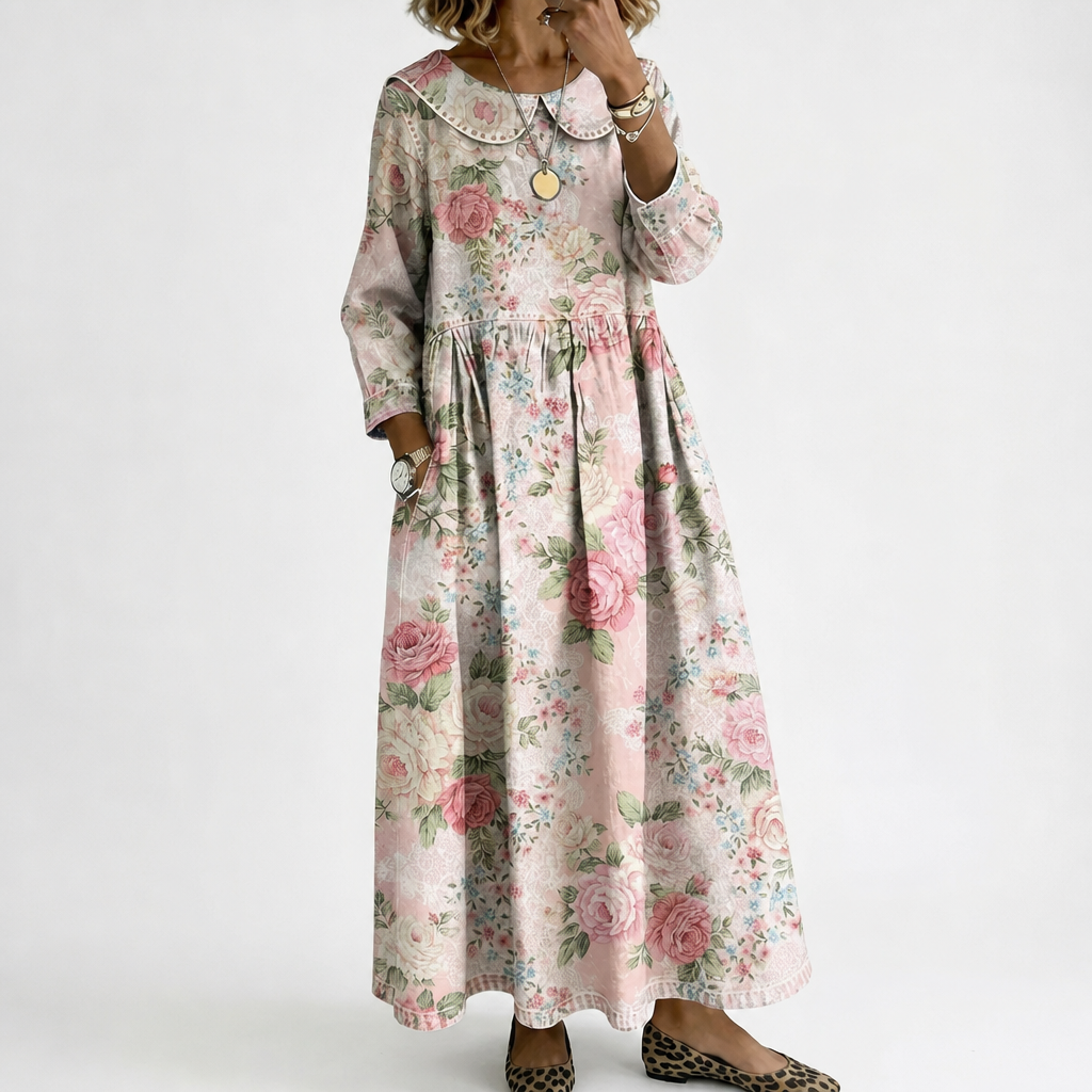 Margot long-sleeve denim maxi dress with floral collar accent