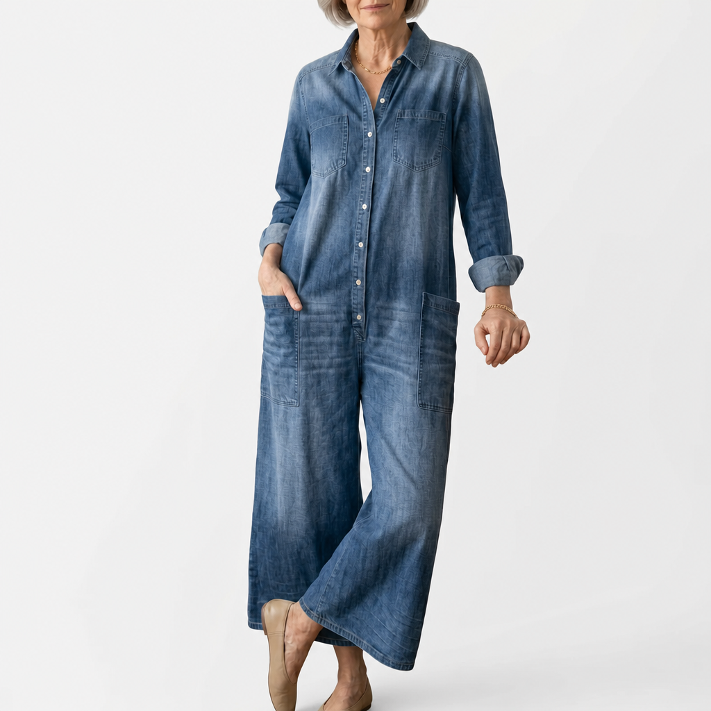 Anais vintage washed wide-leg button-up denim jumpsuit