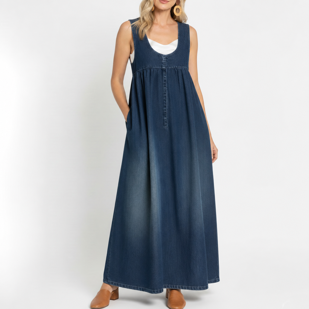Capucine vintage washed loose denim maxi dress with wide straps