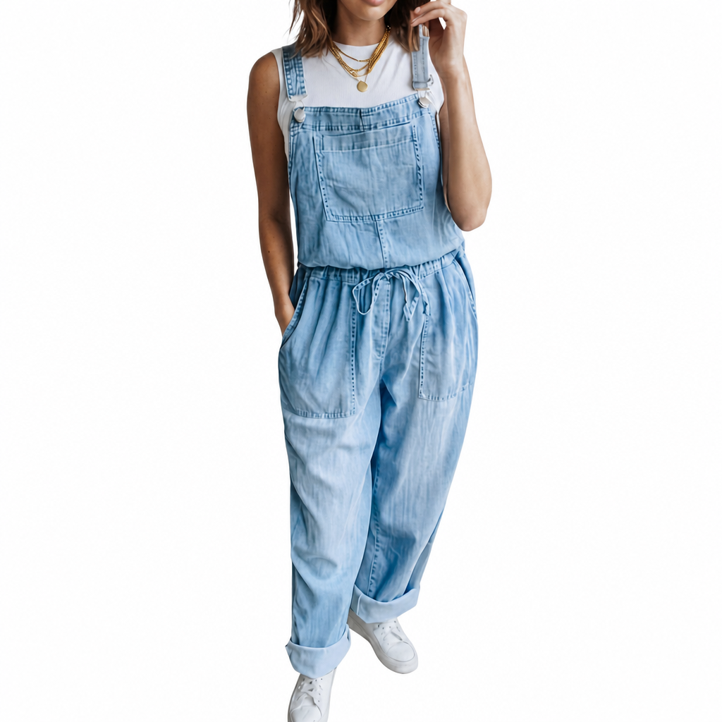 Apolline light blue casual denim jumpsuit with drawstring waist