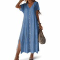 Leontine short-sleeve button-front denim maxi dress