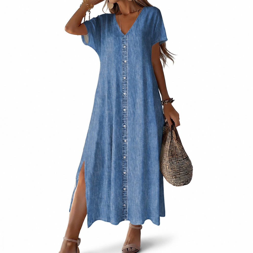 Leontine short-sleeve button-front denim maxi dress
