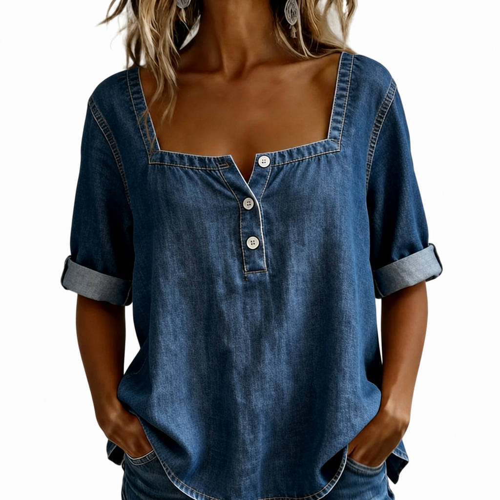 Marceline women short sleeve square neck denim shirt