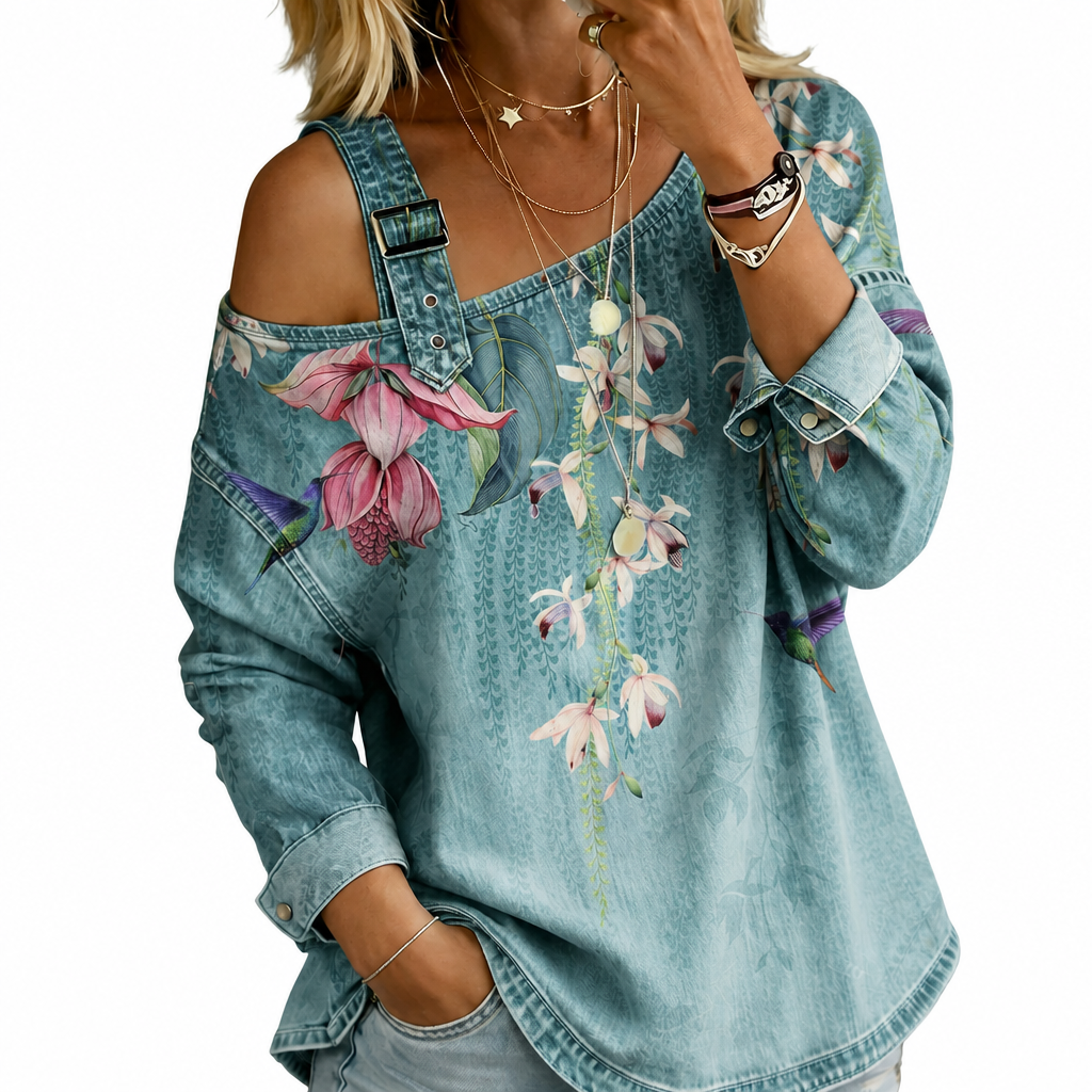 Loane off-shoulder floral denim top with long sleeves