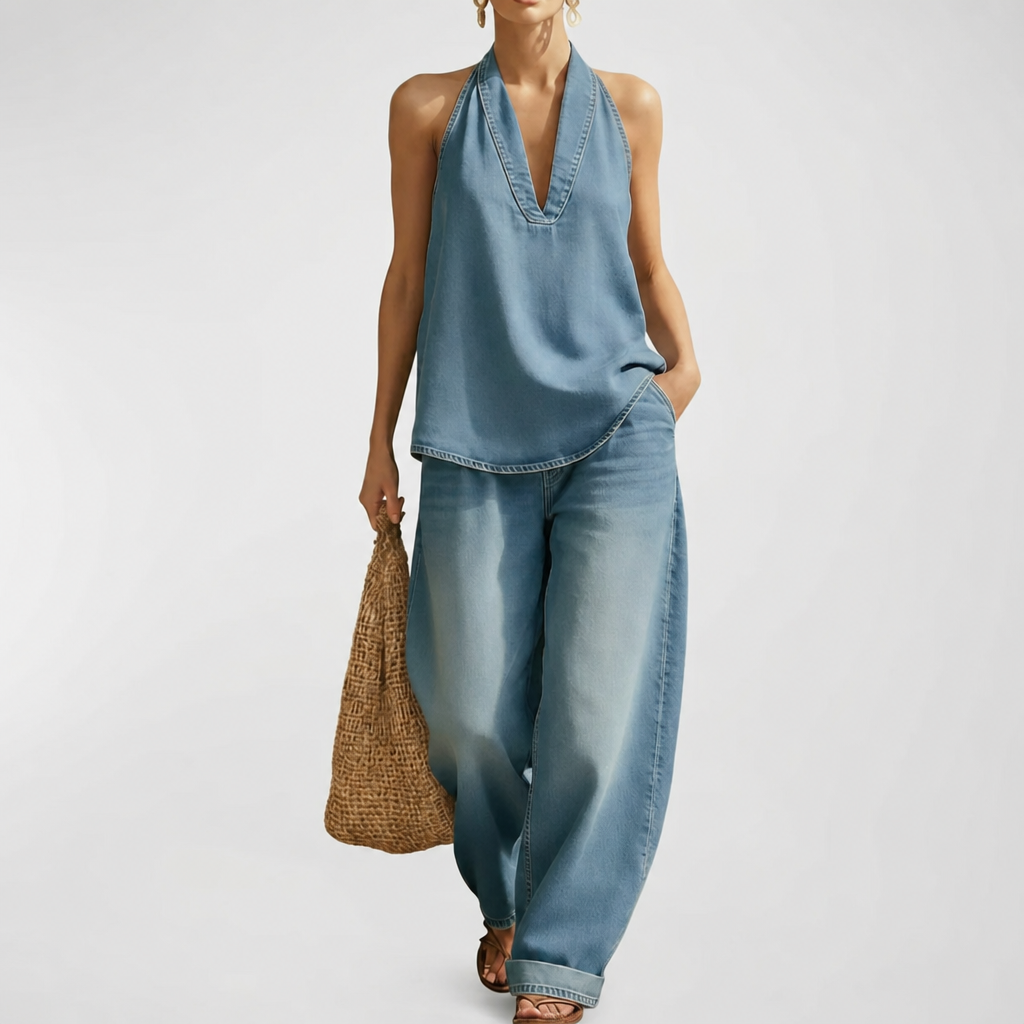 Adrienne two-piece halter top and wide-leg denim set