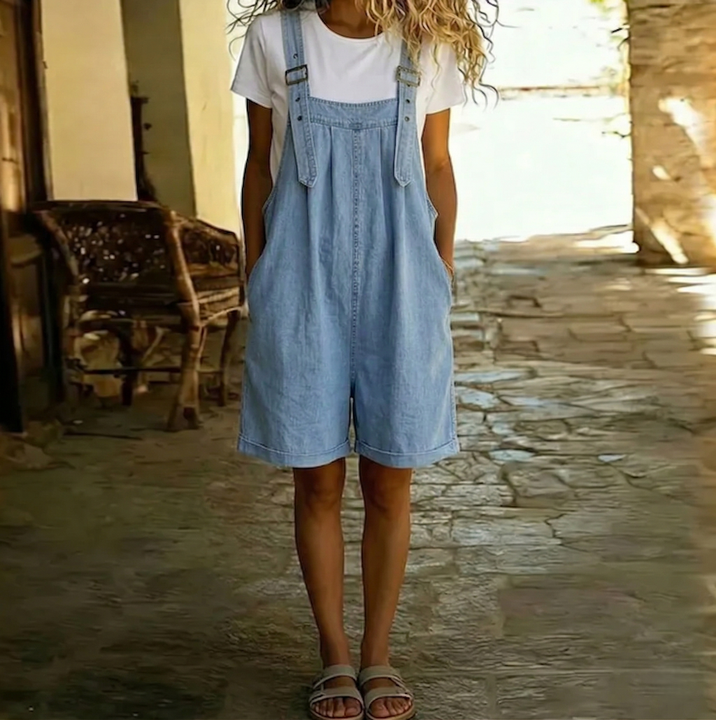Ondine - Light Blue Short Denim Overalls